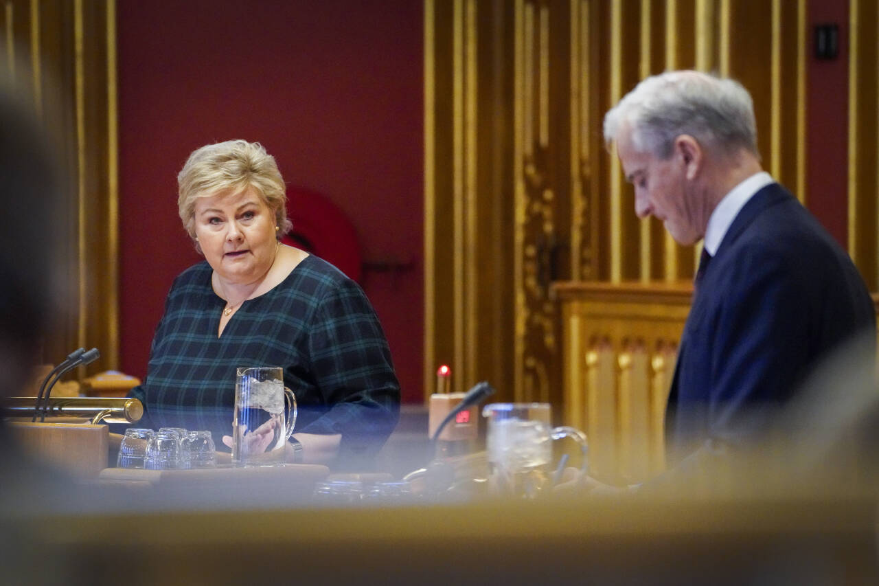 Erna Solberg (H) leder klart foran statsminister Jonas Gahr Støre (Ap) på en ny statsministermåling. Arkivfoto: Ole Berg-Rusten / NTB