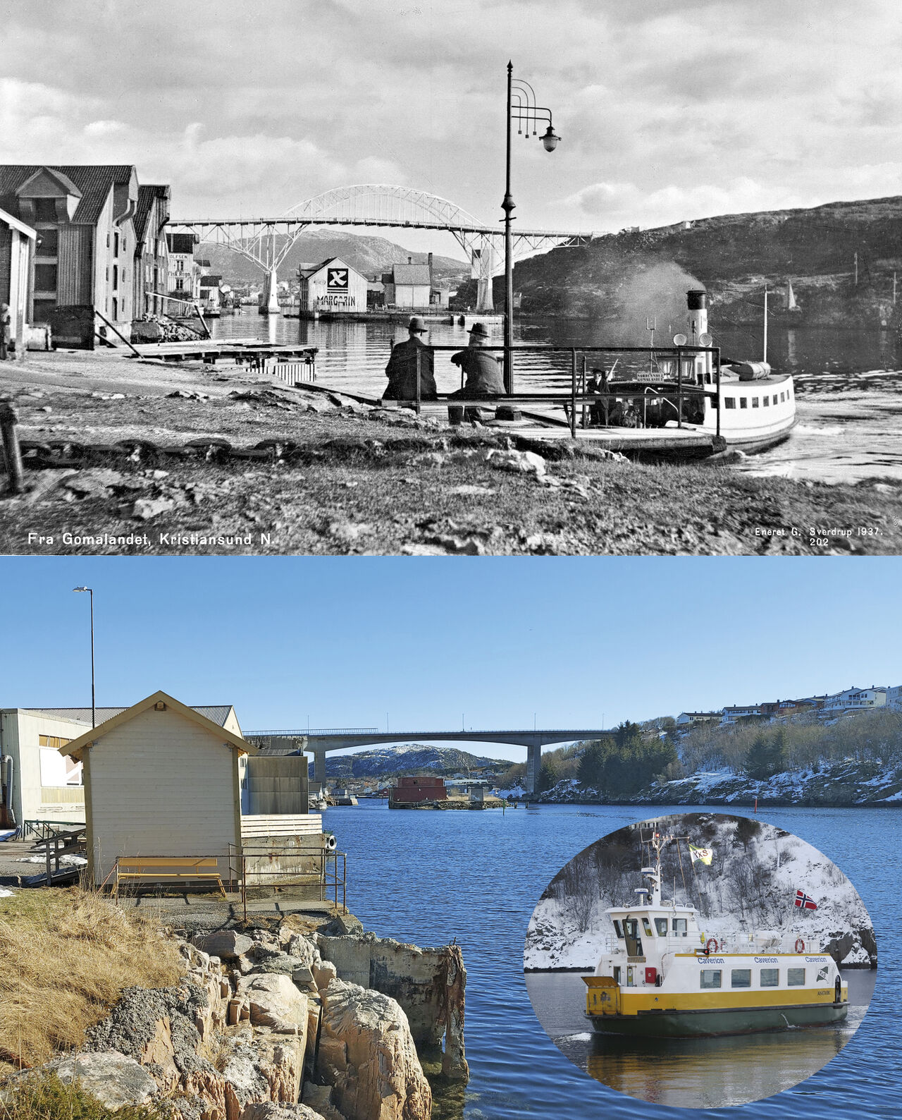 Gomalandet Sundbåtkai i 1937 og 2023. (Foto: Terje Holm)
