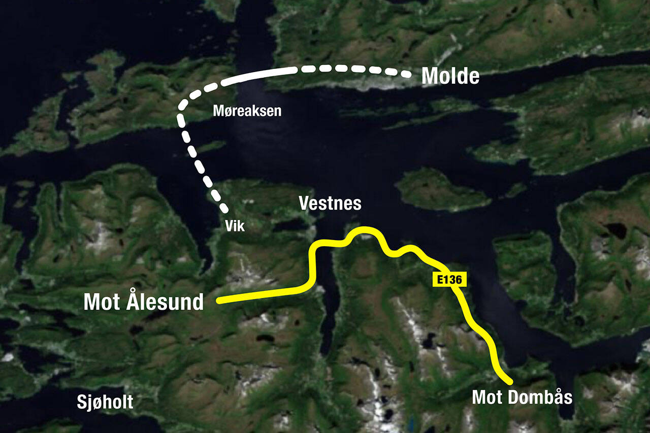 Illustrasjonen viser firefelt motorveg med dobbel fastlandsforbindelse til Otrøya, den undersjøiske tunnelen (15 km) og tunnelene bak/under Molde er stiplet, og Julsundbrua mellom nevnte er heltrukket. Illustrasjon: Vegar Clausen