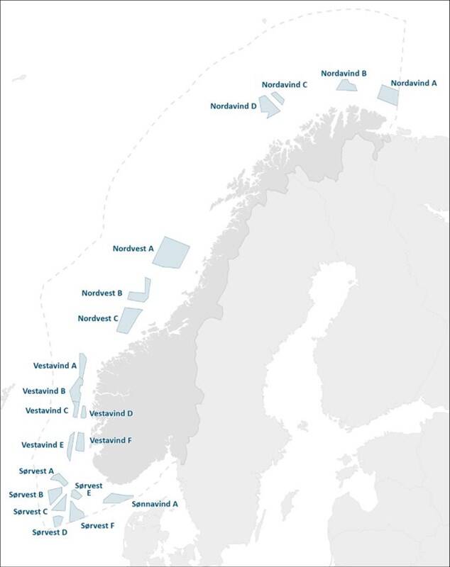 Kart over identifiserte områder for havvind på norsk sokkel. Illustrasjon: OED
