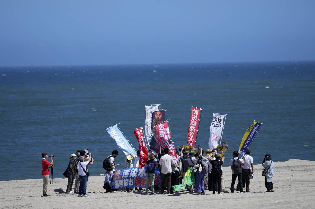 En liten gruppe demonstranter har samlet seg i byen Namie nordøst i Japan for å protestere mot utslippene fra det ødelagte atomkraftverket Fukushima Daiichi. De stoler ikke på at utslippene ikke skader livet i havet. Foto: Eugene Hoshiko / AP / NTB