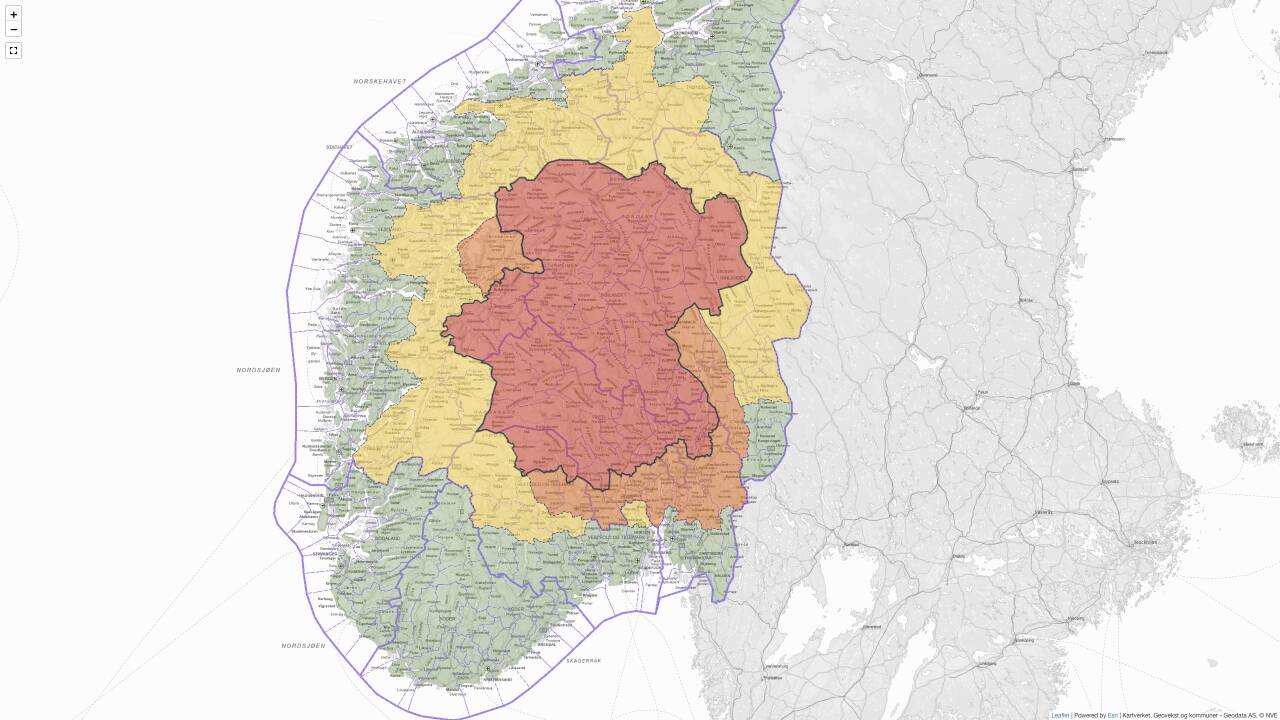 I kommunene Nannestad, Hurdal, Eidsvoll, Ullensaker og Nes er farevarselet for jordskred oppjustert til rødt nivå. Foto: NVE / NTB