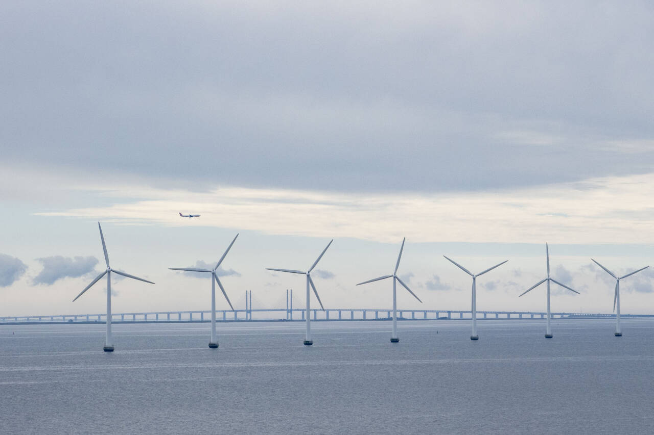 Vindmøller i Øresund mellom København og Malmö. Øresundbrua i bakgrunnen. Foto: Paul Kleiven / NTB