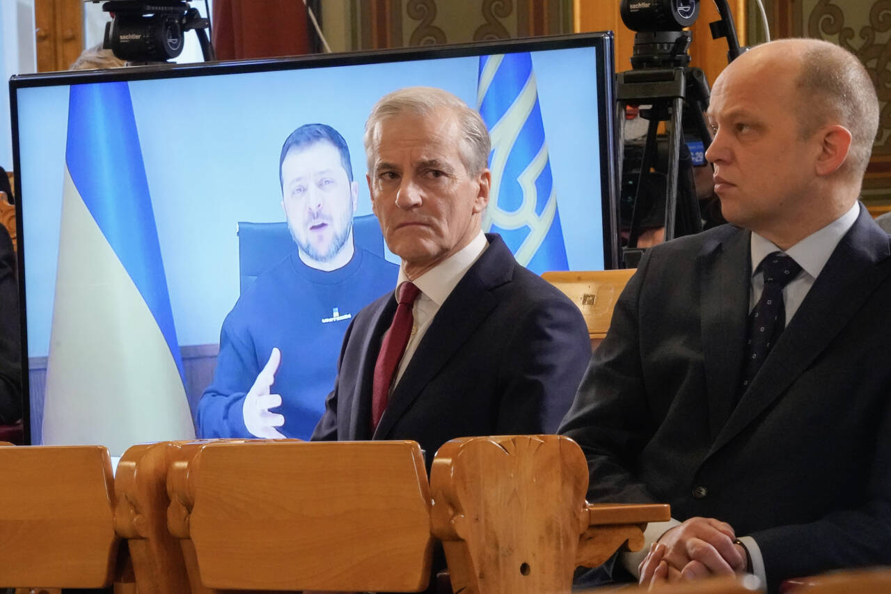 Ukrainas president Volodymyr Zelenskyj talte til Stortinget torsdag. Foto: Terje Pedersen / NTB
