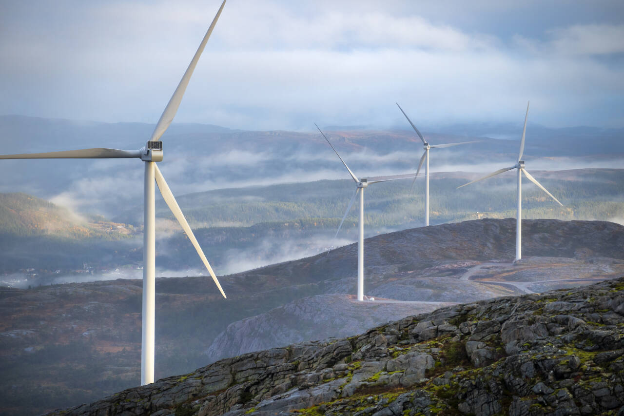 Storheia vindpark er den største av vindparkene i porteføljen til Fosen Vind, og den andre av vindparkene som ble bygget. Da den ble overført til ordinær drift i februar 2020 var den Norges største med 80 turbiner og en installert effekt på 288 MW. Foto: Heiko Junge / NTB