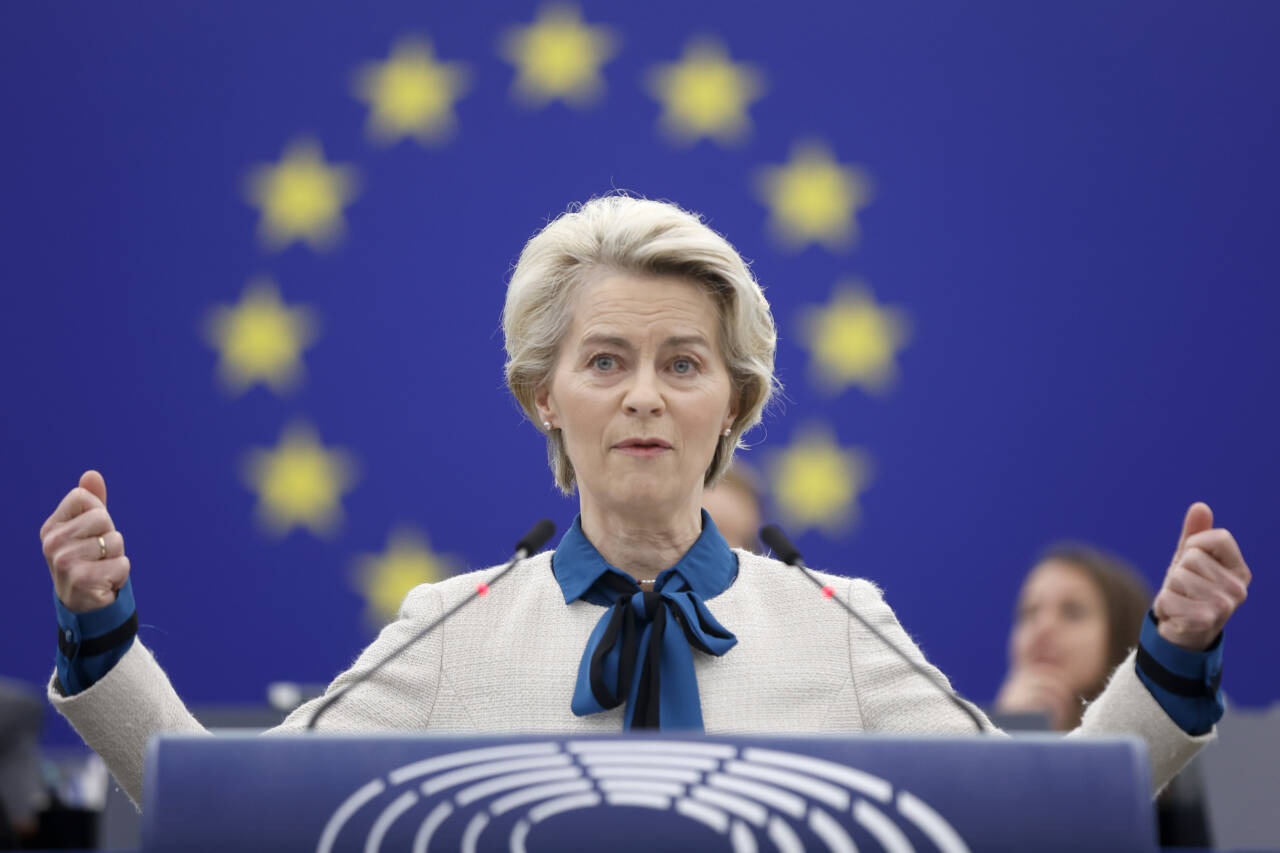 EU-kommisjonens leder Ursula von der Leyen i EU-parlamentet i forrige uke. Foto: Jean-François Badias / AP / NTB