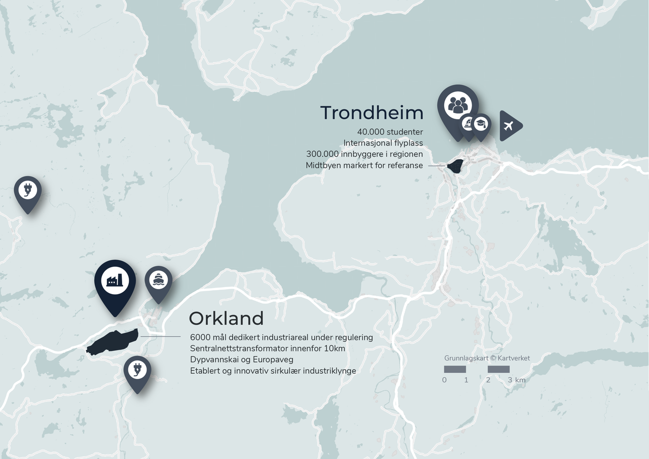 Kart over området Ellinor planlegger ny batterfabrikk i Orkland kommune. Kilde: Ellinor / NTB