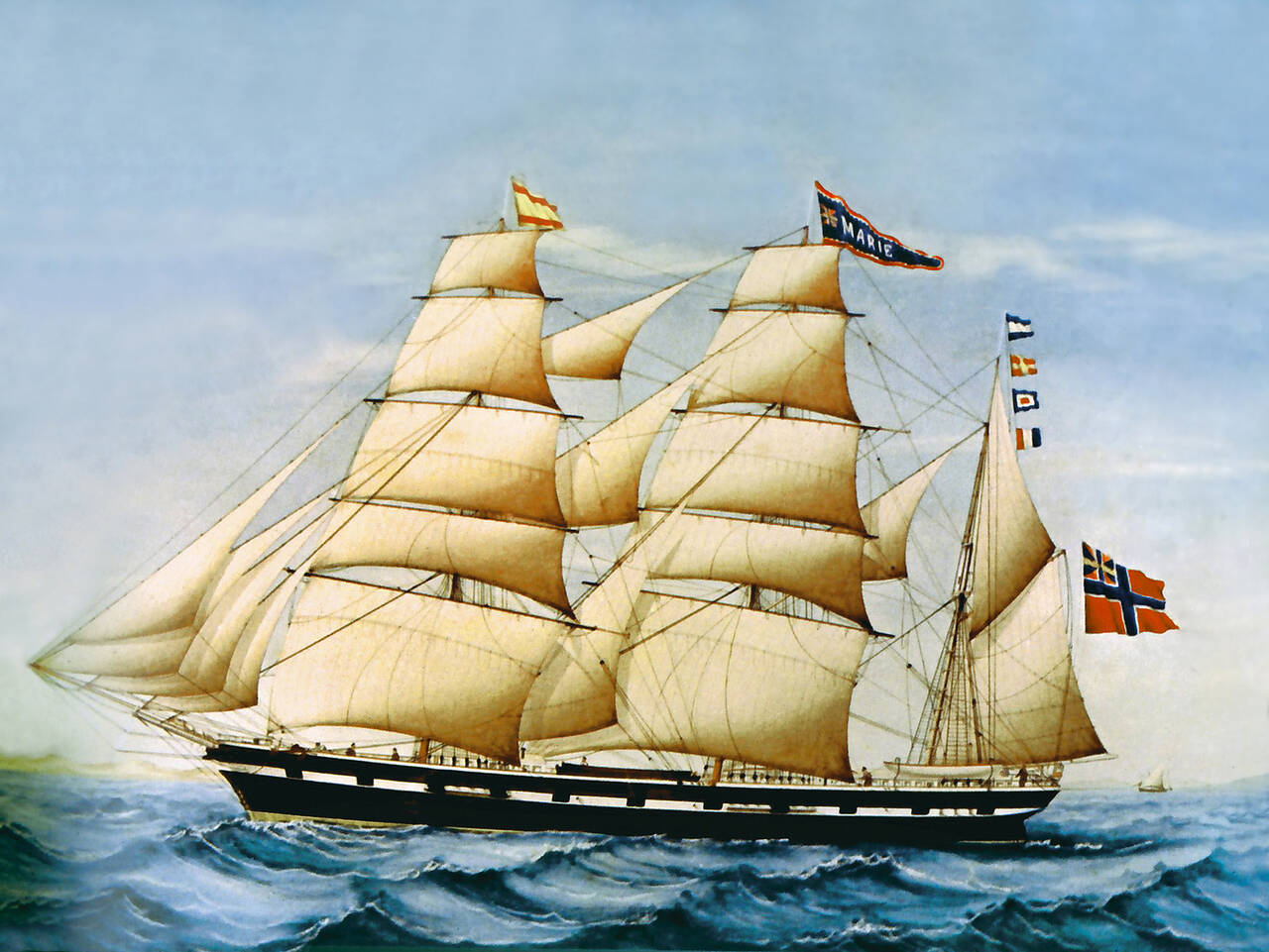 Maleri av «Marie», som var selve flaggskipet i Nicolay H. Knudtzon III sin klippfiskflåte. Bilde fra Næringshistorie Nordmøre.