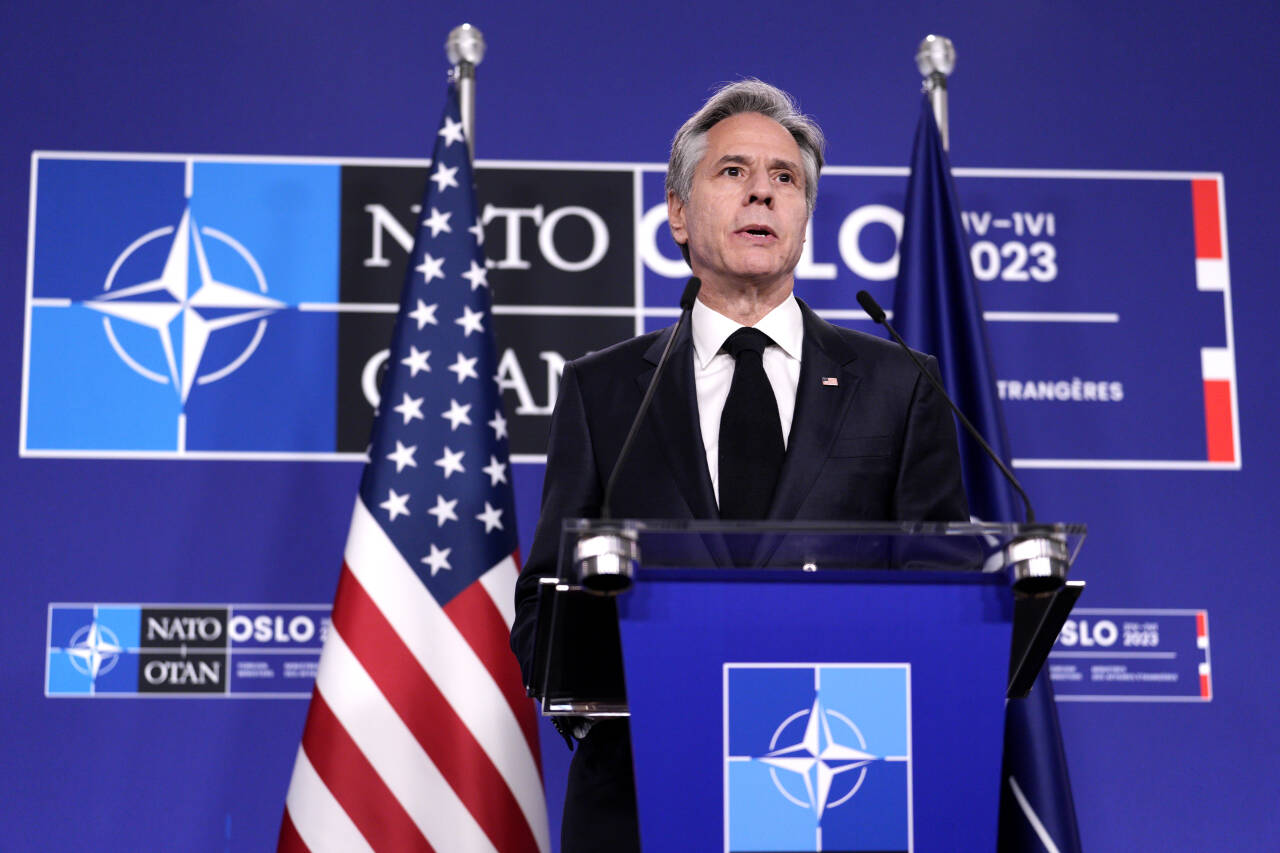 USAs utenriksminister Anthony Blinken på en pressekonferanse på Nasjonalmuseet i Oslo etter Natos uformelle utenriksministermøte.Foto: Javad Parsa / NTB / POOL