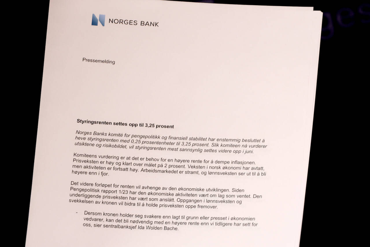 Styringsrenta settes opp til 3,25 prosent, meldte Norges Bank torsdag.Foto: Frederik Ringnes / NTB