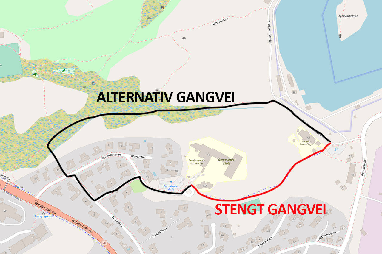 I hele bygge- og anleggsperioden på cirka to år vil gangveien mellom Dunkarsundet og Røsslyngveien være stengt. Illustrasjon: OpenStreetMap / KSU.NO