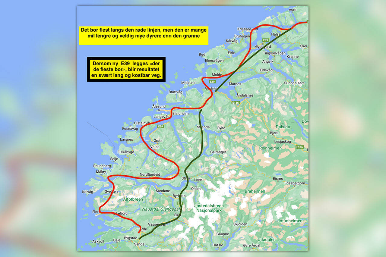 E39 via Florø, Måløy og Kristiansund er forkastet – Hafast og Møreaksen bør også forkastes som ny E39. Illustrasjon: Paul Andreas Hofseth