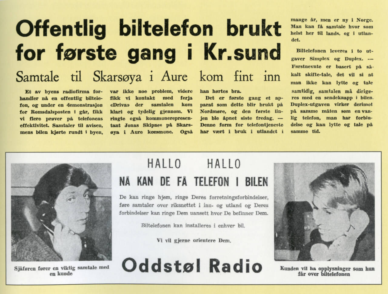 Artikkel og annonse i Romsdalsposten 26.10.1967 med den første mobiltelefonen som ble solgt av Oddstøl.