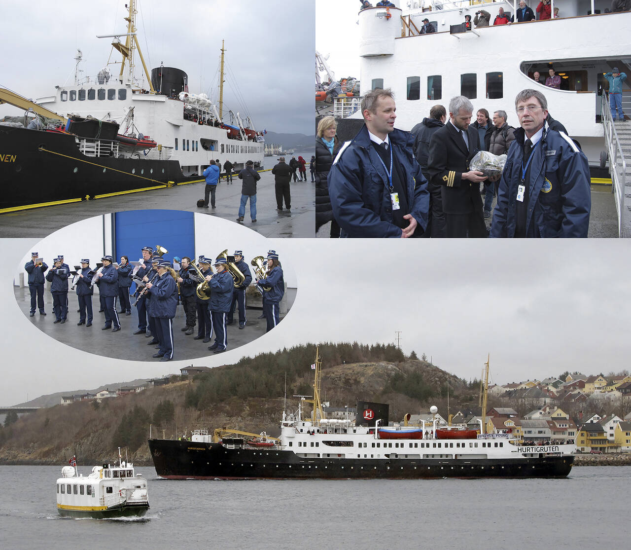 Mange hadde møtt opp på «Nordstjernen» sin siste tur. Det ble overrakt gaver fra havnevesenet og musikkorpset Tempo spilte. Foto: Terje Holm