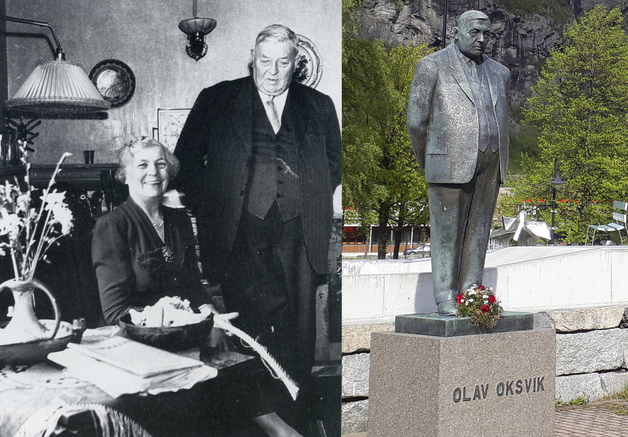 Olav Oksvik sammen med sin kone Ingeborg, Han sørget for at det ble vedtatt utbygging av Aura-verkene i 1947 og fikk en egen statue på Sunndalsøra. Nasjonalbiblioteket / Foto: Terje Holm