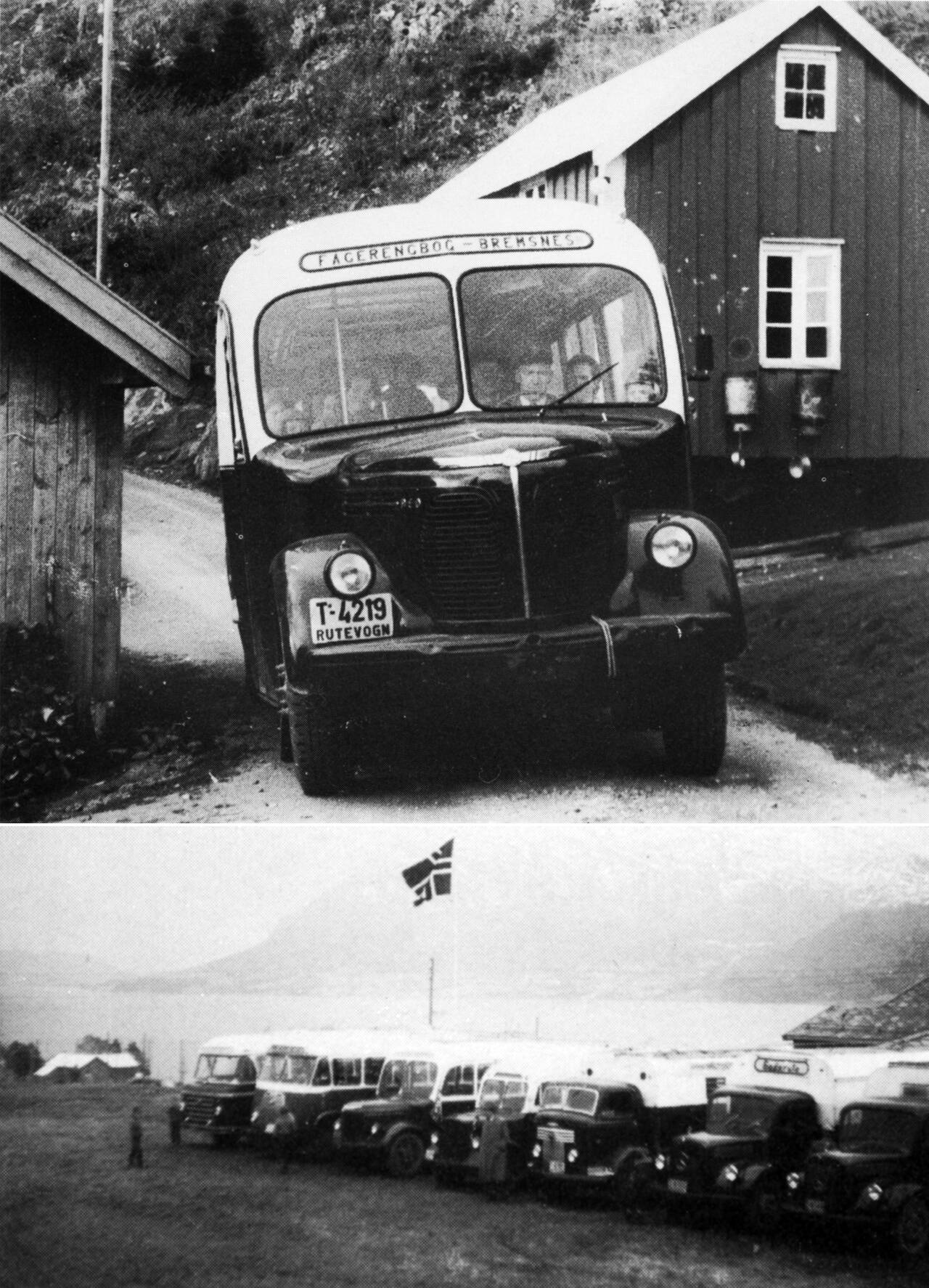 Reo Buss fra Indre Averøy Billag i rute ved Kvalshaug tidlig på 1950-tallet. Nederst ser vi bilparken til Indre Averøy Billag på samme tiden. (Gamle bilder fra Averøya)