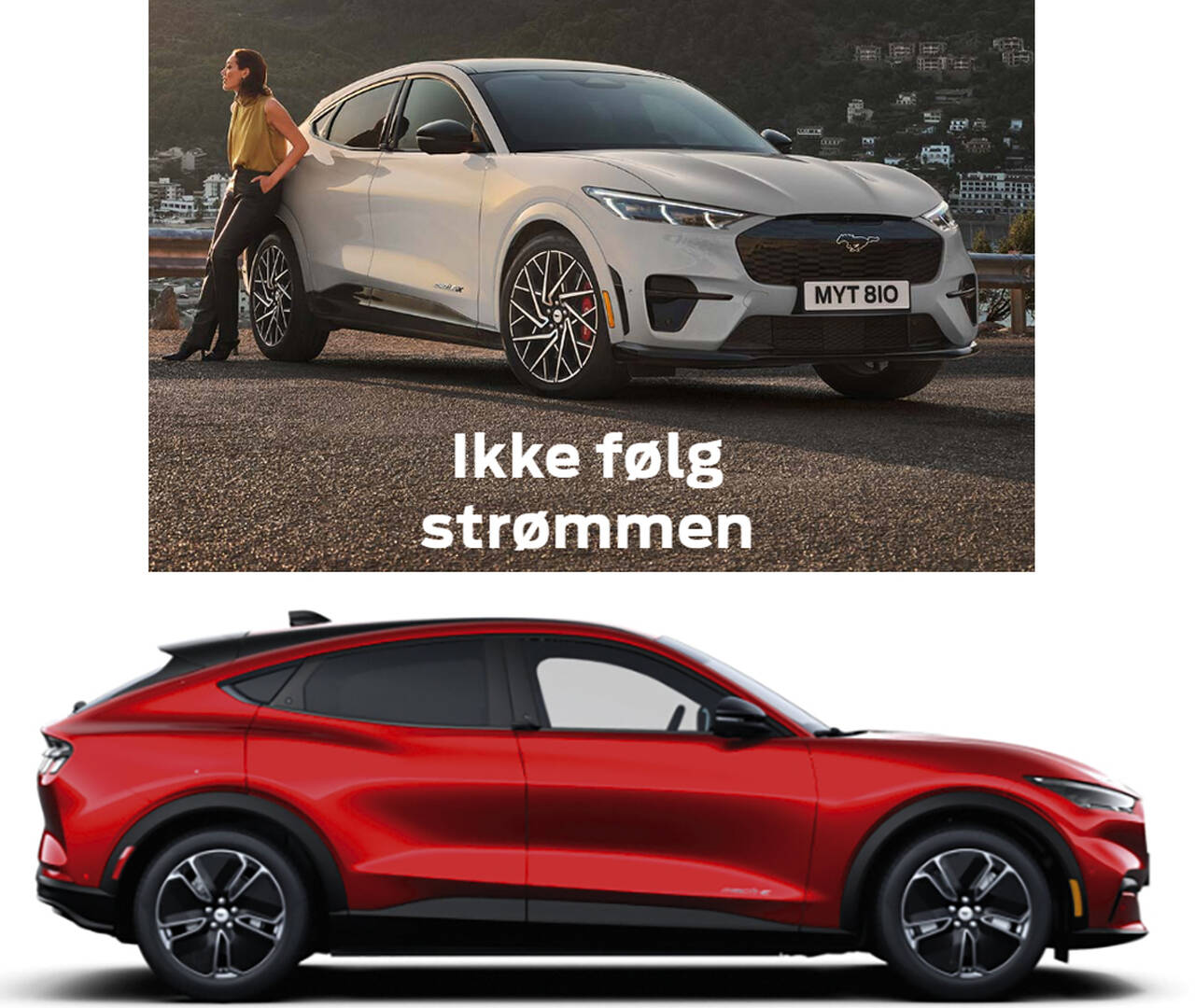 Den litt sportslige elbilen til Ford fikk overta Mustang-navnet i vår tid. (Reklamebilder fra Ford)