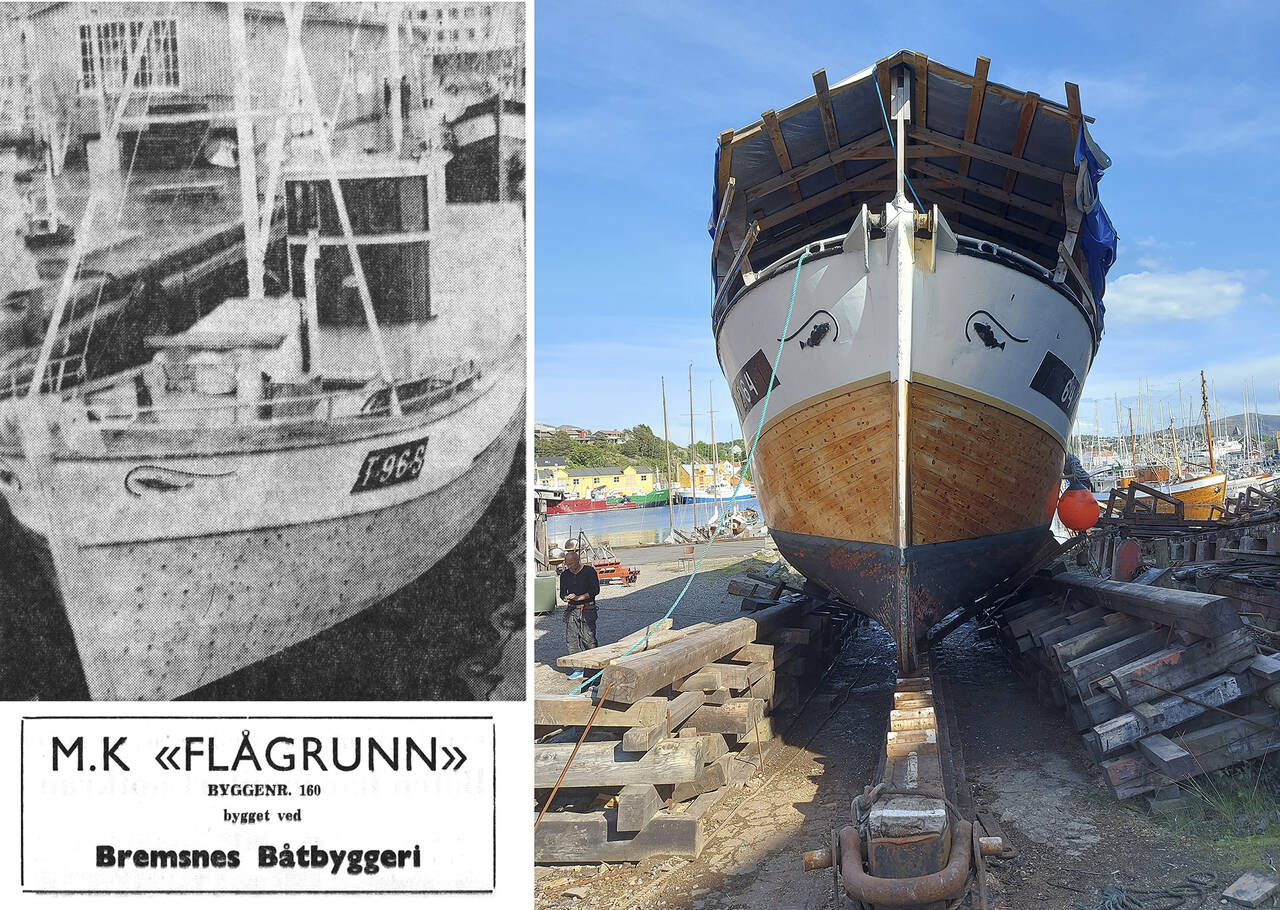 «Flågrunn» ble overlevert til skipper Harald Jørgensen i Skjærvøy i 1964. Han var meget godt fornøyd med arbeidet som var utført av Bremsnes Båtbyggeri. Her ser vi båten ved overleveringen og båten på slipp ved Mellemværftet i dag. (Bilder: Nasjonalbiblioteket / Terje Holm)