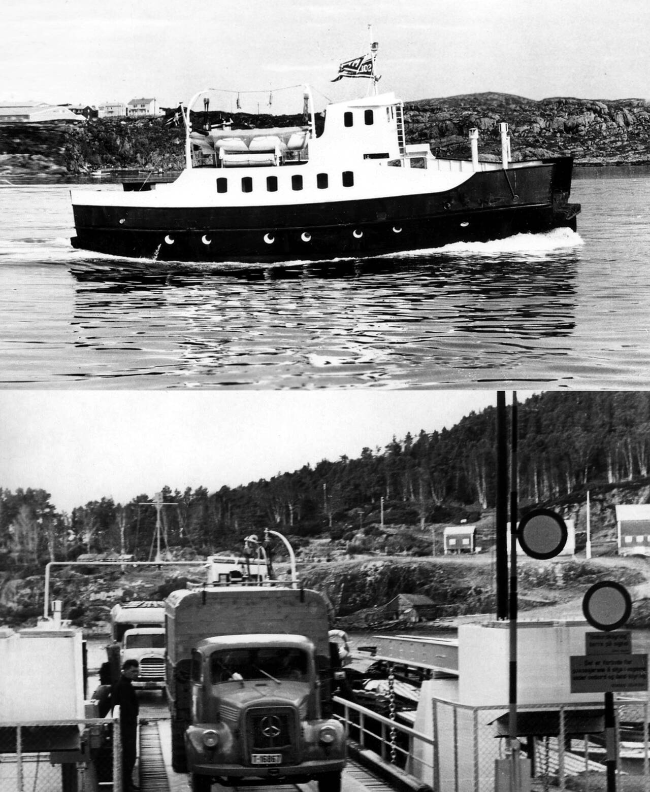 Ferjesambandet Aure-Ånes åpnet i 1961. I 1963 ble nybygde «Solskjel» satt inn i ruten. Ferjekaia i Aure ble lagt til Leirdal. (Bilder fra MRF)