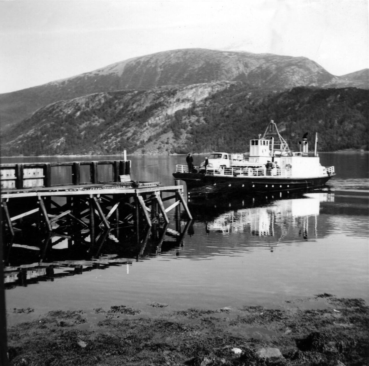 Ferjesambandet Stemshaug-Vihals-Vikan ble opprettet i 1961. «Frigg II» var en av ferjene som trafikkerte i denne ruten. Her legger ferja til ved Vihals midt på 1960-tallet. Foto: Jøran Ulfsnes-Skar