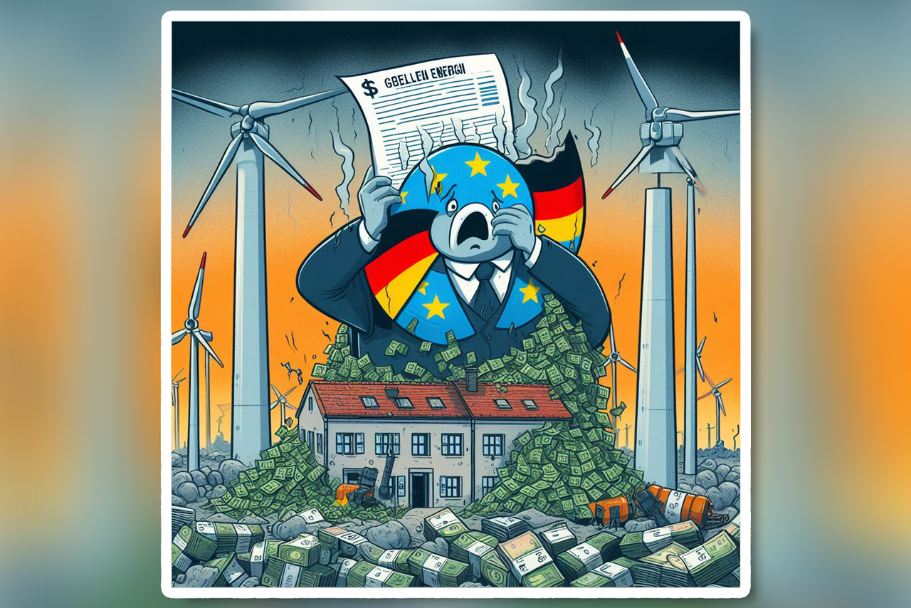Feilslått energipolitikk i EU og Tyskland med for mye satsing på fornybar energi uten at behovet greier å dekkes, illustrert ved Bing bildeskaper. Illustrasjon: Bing AI bildeskaper