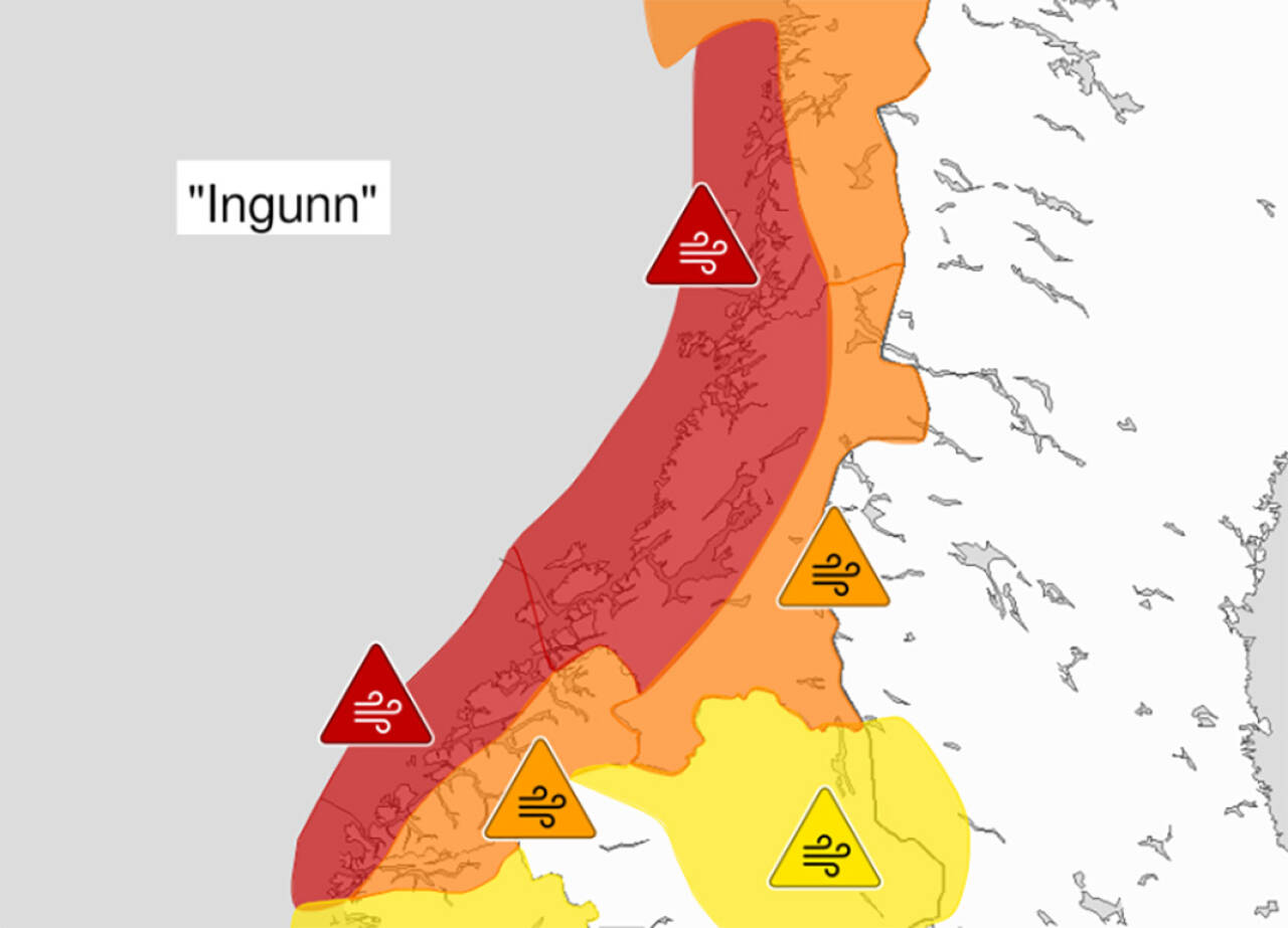 De røde farevarslene er de høyeste som kan sendes ut, og gjelder for deler av Nordfjord, Møre og Romsdal, Trøndelag og Helgeland. Foto: Meteorologisk institutt / NTB