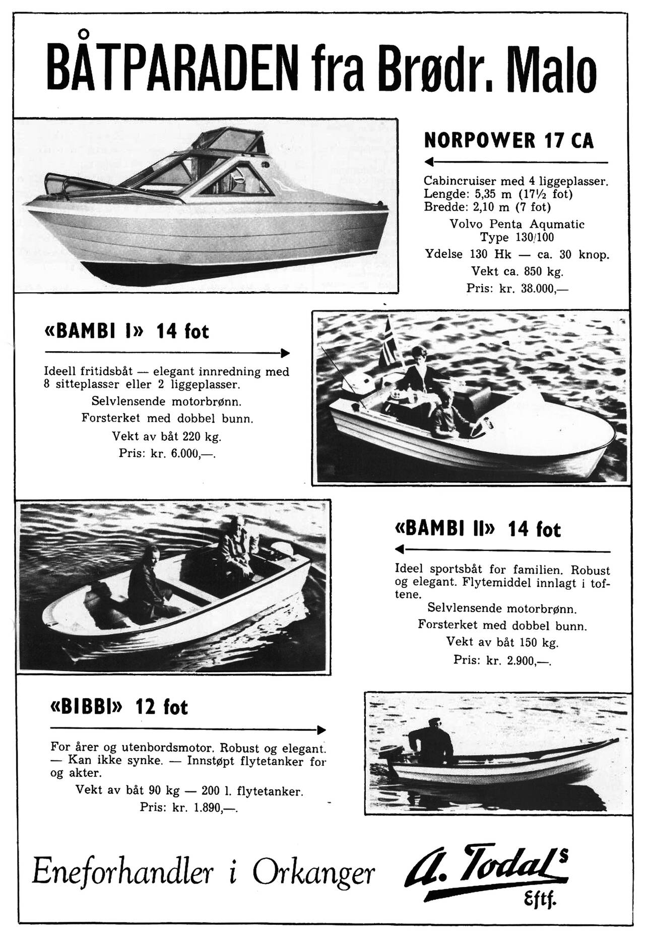 Annonse fra 1970 med Norpower Malo sine fritidsbåter.
