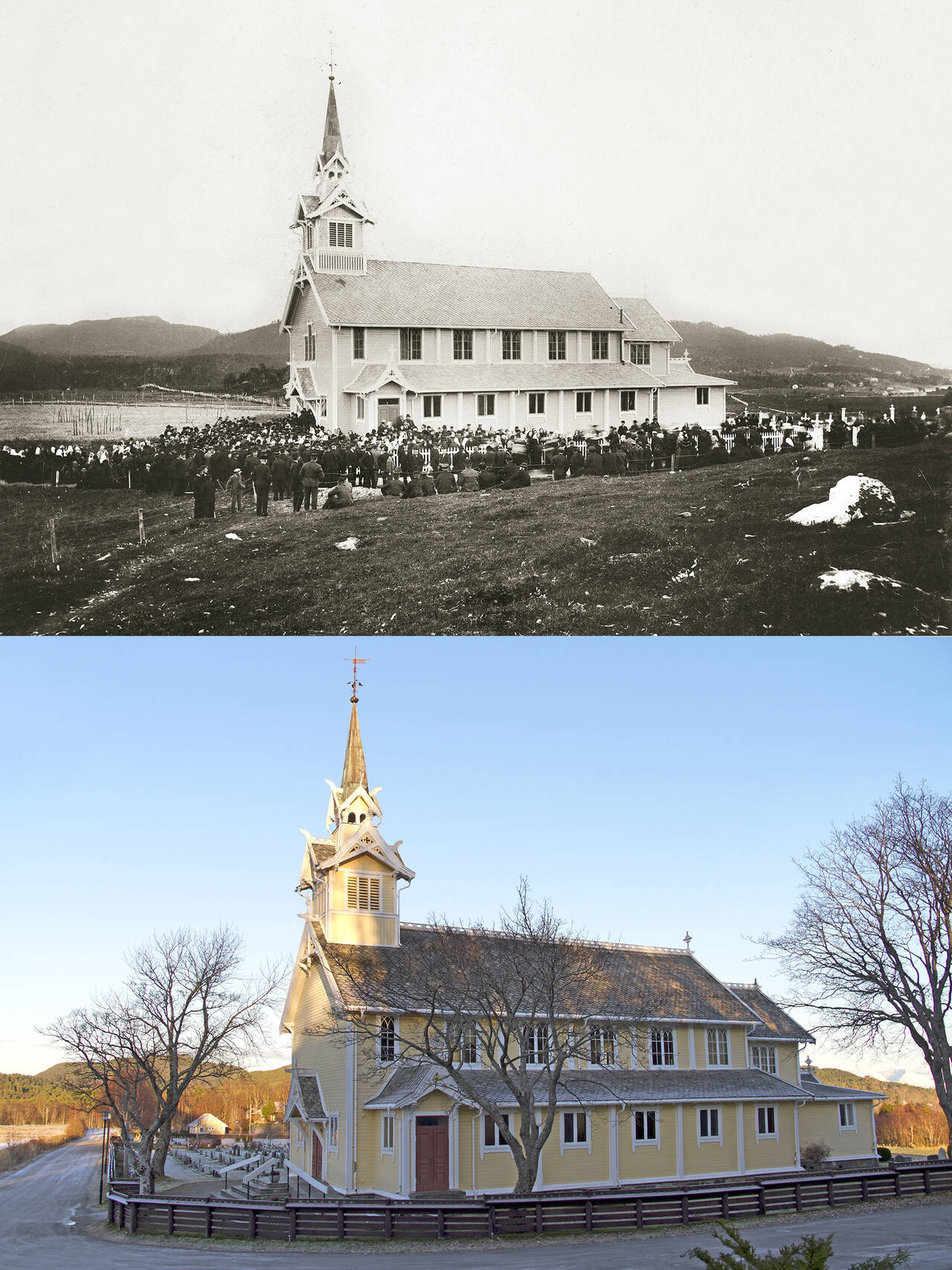 Øverst et bilde fra Frei kirke, antageligvis ved innvielsen i 1897. Nederst ser vi kirken i dag. Bilde fra Nordmørsmusea / Foto: Terje Holm