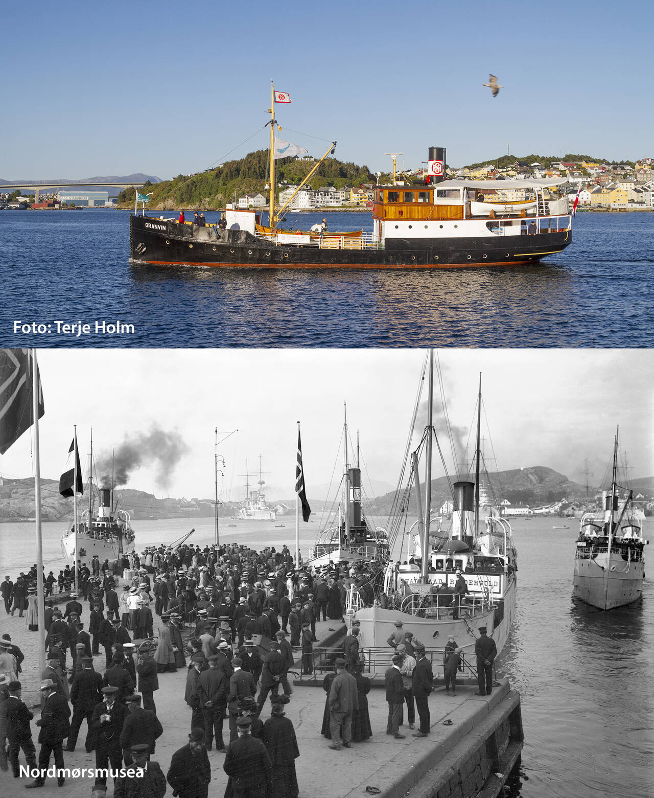 Piren var fast anløpssted for de gamle fjordabåtene i nesten 100 år. Øverst ser vi gamle «Granvin» like utenfor Piren 13. juli 2024. Foto: Terje Holm / Nordmørsmusea