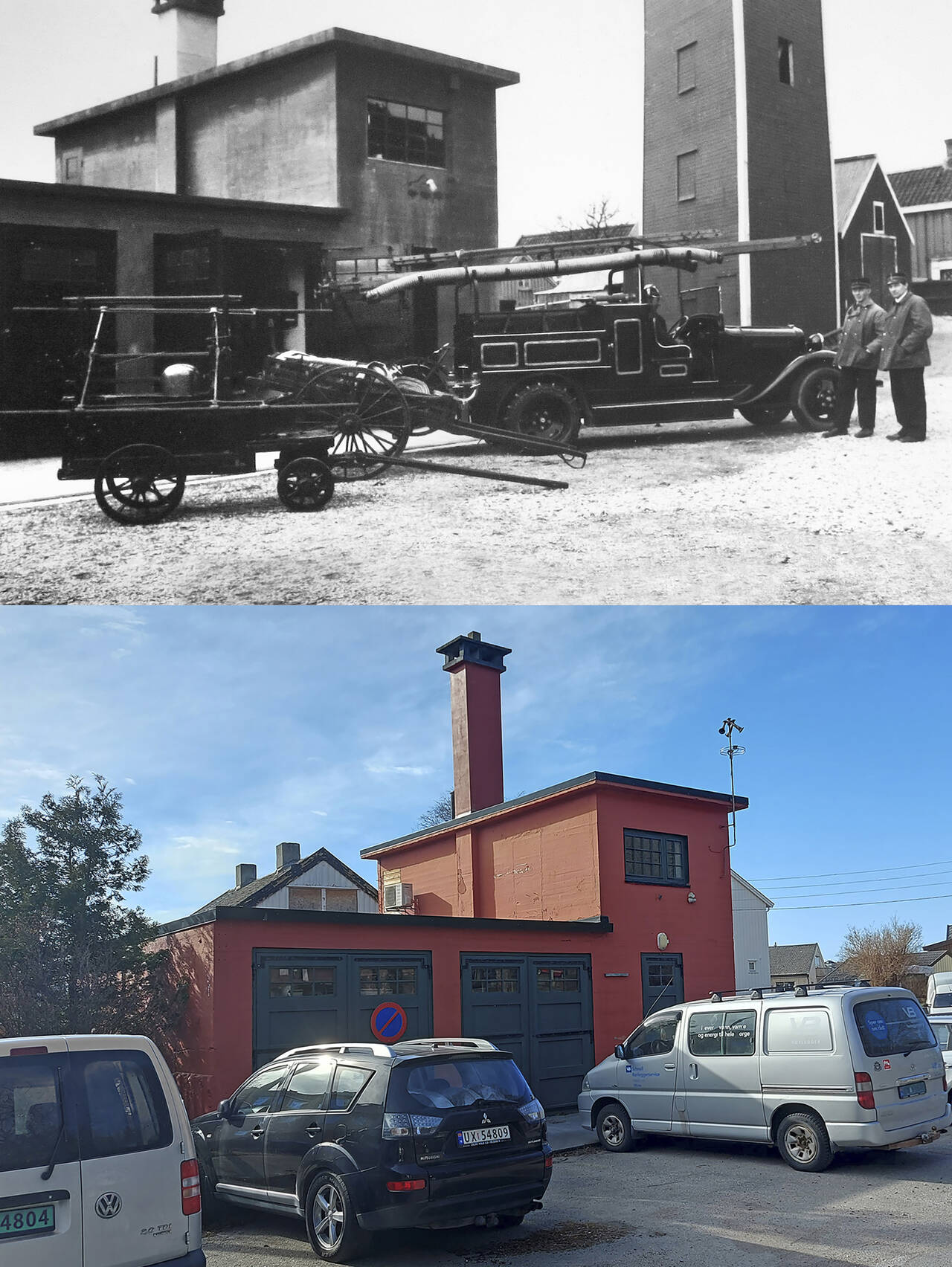 Brannstasjonen først på 1930-tallet og i dag. Bilder: Nordmørsmusea / Terje Holm