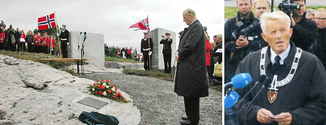 En stor dag hvor kong Harald V avduker monumentet «Stille rom», 16. september 2002. Til høyre ordfører i Averøy, John Harry Kvalshaug, som la ned en stor innsats for dette. (Bilder fra Averøy kommune)