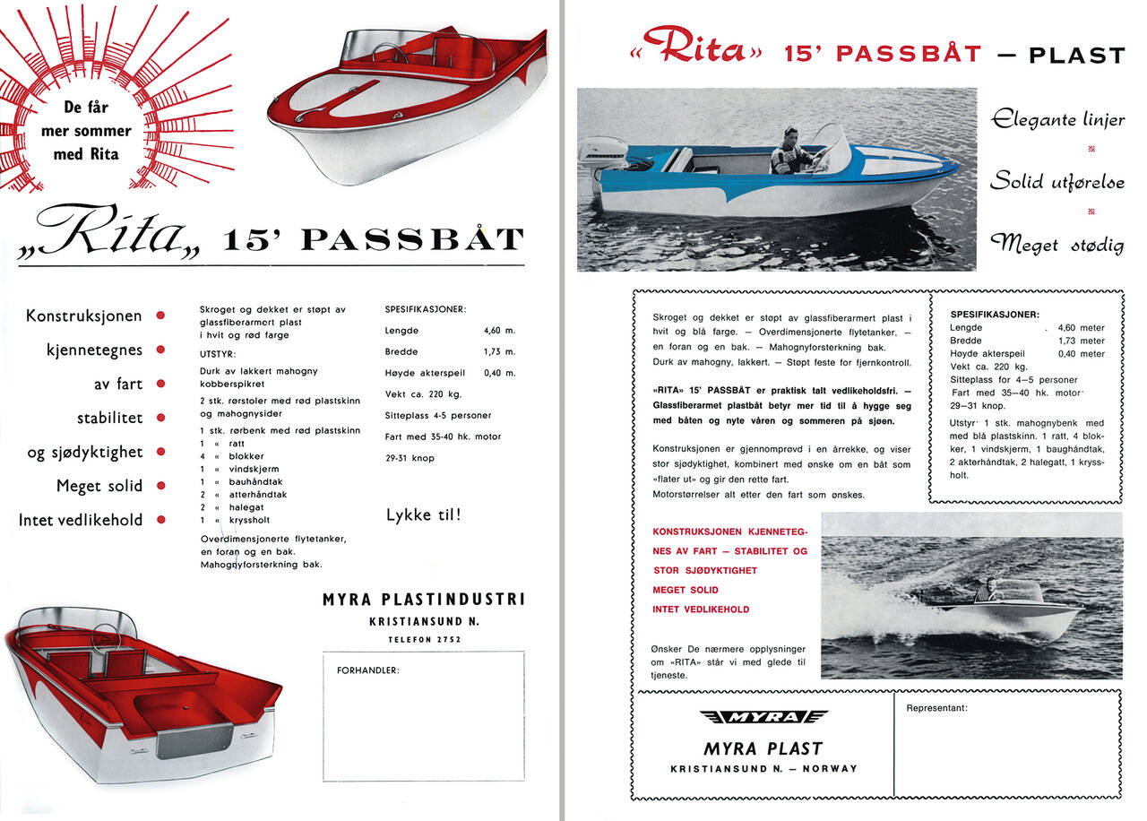 Brosjyrer fra 1961 (tv.) og 1965 (t.h.). En moderne og elegant passbåt som solgte godt. (Asbjørn Ersvik samling)