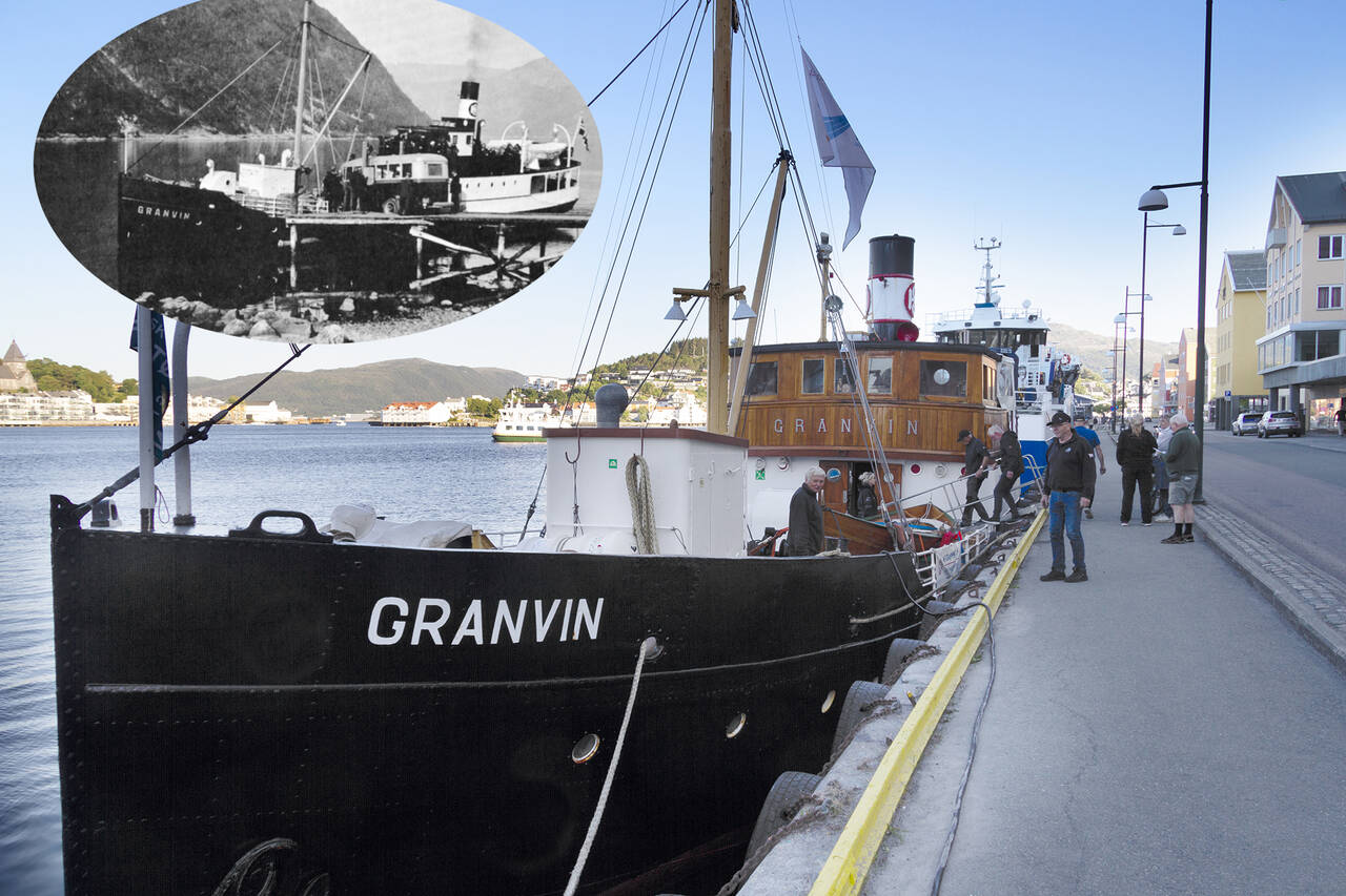 «Granvin» ved Vågekaia, like utenfor Skipsfartshistorisk sine lokaler i gamle Loennechengården. Det mindre gamle bildet viser «Granvin» i rute ved Eidsfjord på 1930-tallet. Foto: Terje Holm / HSD jubileumsbok 1980