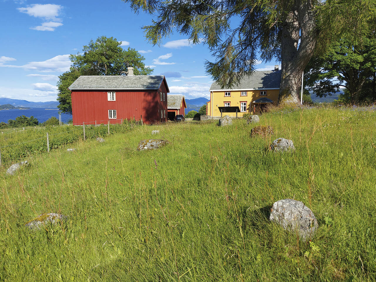 Gamle Borgstua ble restaurert for noen år siden og kan leies for overnatting i en historisk atmosfære. Her ser vi Borgstua til venstre sammen med Prestegarden og den gamle steinringen. Foto: Terje Holm