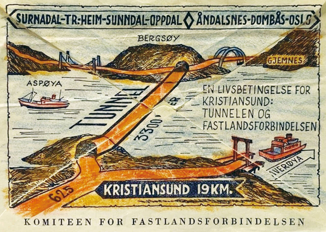 Reklameplakat for fastlandsforbindelsen fra 1950-tallet som viser undersjøisk tunnel fra Flatsetøya til Bergsøya og bruer videre til Aspøya og Gjemnes. Det skulle også å ferje fra Kvitnes til Kvernes. Foto: Innsendt av leser  / Brunsvika.net