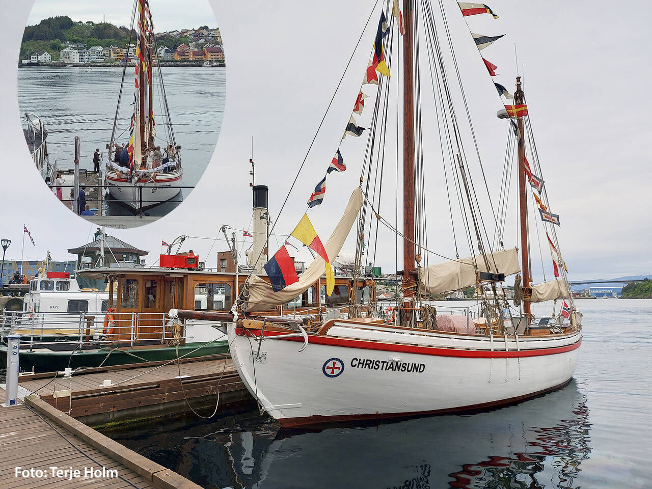 1. juni 2024 ble RS16 Christiansund brukt i forbindelse med et bryllup og pyntet opp på havna da den la til ved Storkaia. Dette har også vært fast plass til den historiske redningsskøyta ved andre arrangementer, som bl.a. 17. mai. Foto: Terje Holm