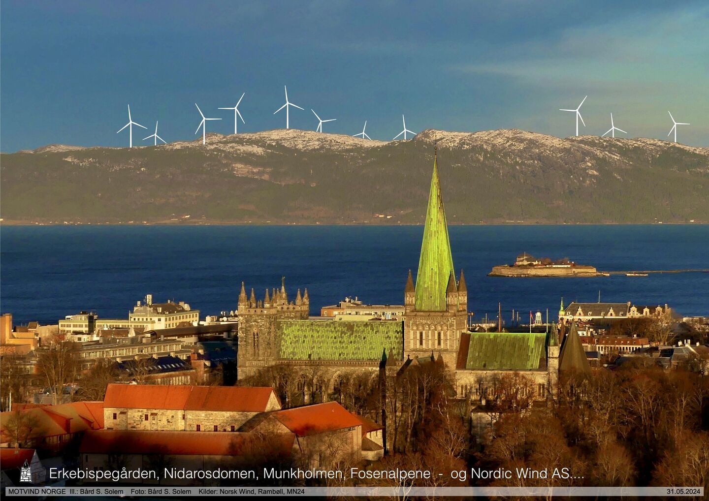 Erkebispegården, Nidarosdomen og Munkholmen i Trondheim og illustrasjon av de foreslåtte vindturbinene på Fosenalpene. Foto og illustrasjon: Bård S. Solem