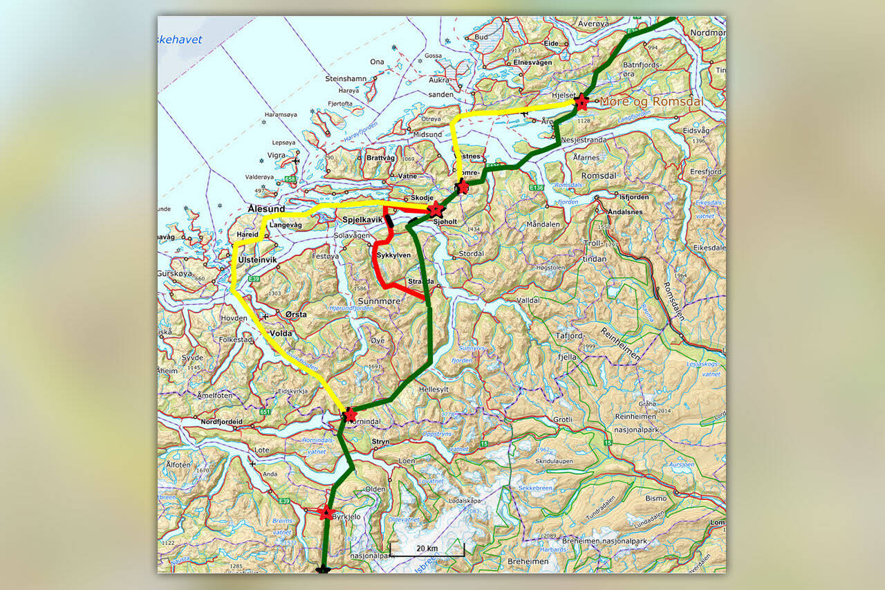 Gul – E39 Hafast +45km, Rød – Fv60 Storfjordsambandet +22km og Grøn – E39 Sunnmørsaksen Kortest. Illustrasjon: Eldar Hjørund Kurseth