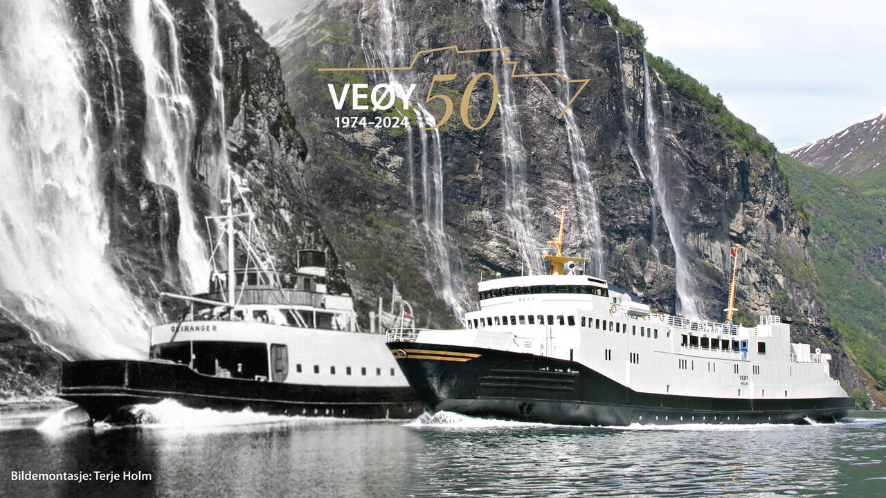 «Veøy» viderefører historien fra 1937 med «Geiranger» på Geirangerfjorden som historisk ferje på en historisk fjord. Bildemontasje: Terje Holm