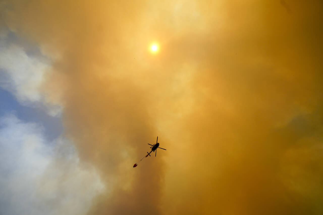 Et helikopter på vei over en skogbrann ved Vina del Mar i Chile i begynnelsen av februar. Høye temperaturer og kraftig vind bidro til å spre en rekke skogbranner i Chile, et av mange land i verden der det var uvanlig varmt i forrige måned. Esteban Felix / AP / NTB