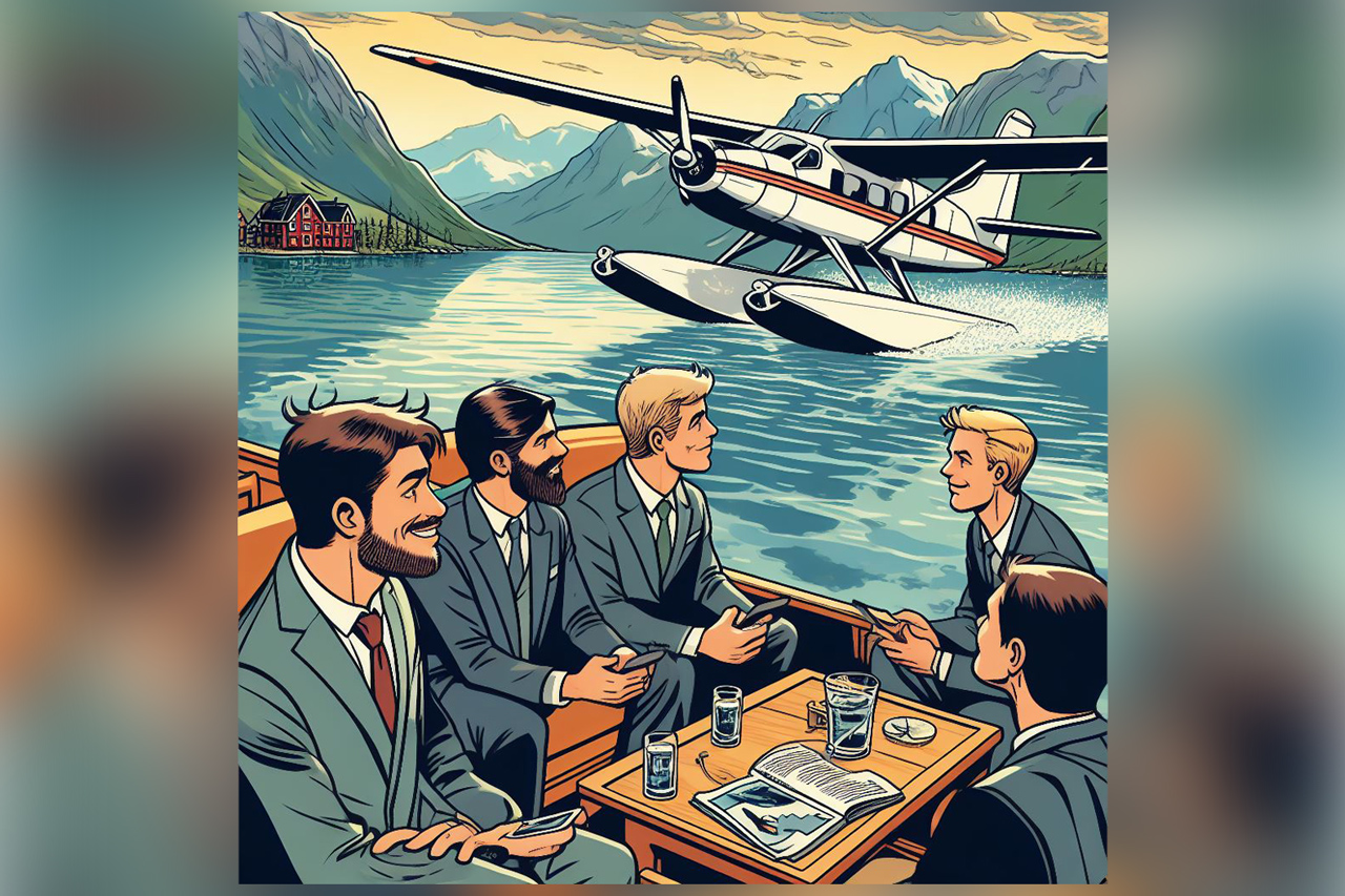 – Sjøfly innover vidda med venner på bedriftens bekostning. KI-generert illustrasjon: Bing bildeskaper