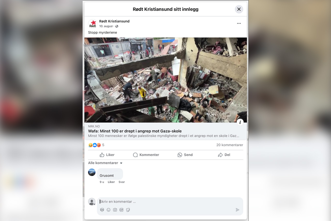 Innlegget på Rødt Kristiansund sin Facebookside som viser bare en av 20 kommentarer. De øvrike er sensurert bort. Skjermdump av Facebookside.