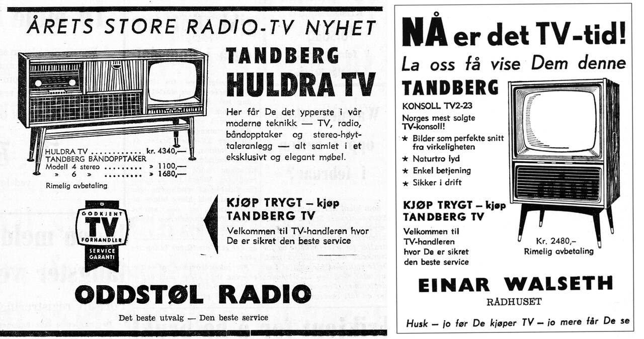 Annonser fra noen lokale TV-forhandlere først på 1960-tallet. (Nasjonalbiblioteket)