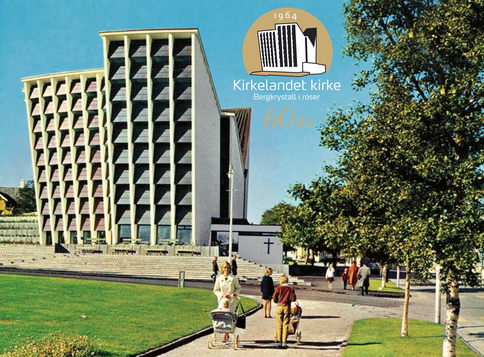 Med sin moderne arkitektur fikk Kirkelandet kirke en oppmerksomhet i bybildet. Her er et postkort fra siste halvdel av 1960-tallet sammen med den nye jubileumslogoen designet av Terje Holm.