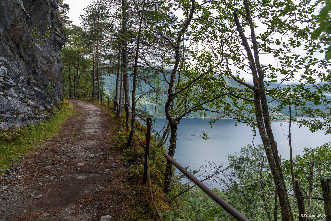 Gammelvegen over Kammane i Todalen. Som sikring ble det benyttet stabbsteiner og rekkverk av jern. Her kjørte både privatbilder, busser og lastebiler i sin tid. Foto: Steinar Melby / NettStudio