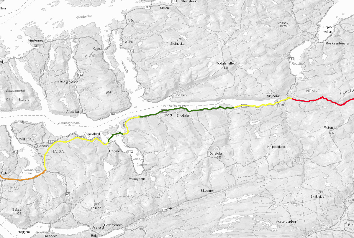 Kart som viser E39 Betna–Stormyra. De gule strekningene er ikke gjennomført. De grønne er gjennomført. Illustrasjon/kart: Stetens Vegvesen.