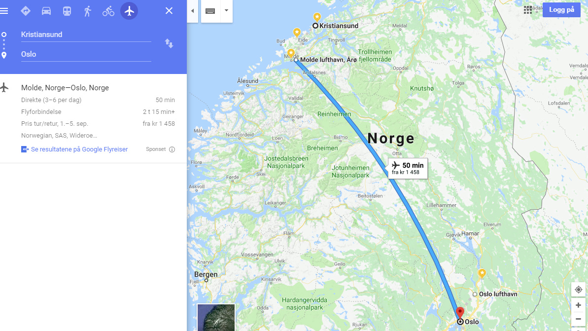 Google reiseplanlegger foreslår Molde når vi legger inn Kristiansund og velger fly som alternativ. Skjermdump fra Google Maps reiseplanlegger .