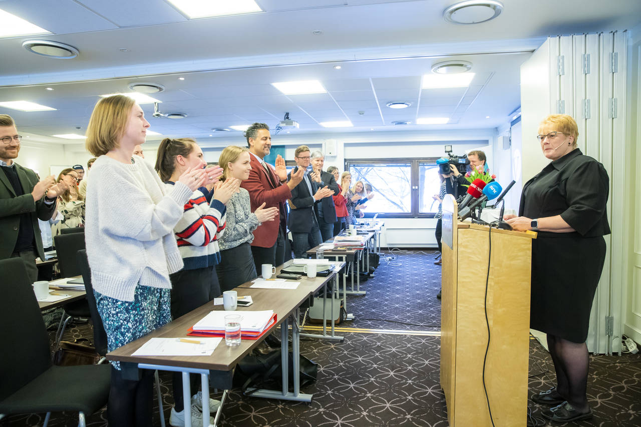 Partileder Trine Skei Grande taler til landsstyremøtet i Venstre på Scandic Helsfyr i Oslo lørdag. Foto: Håkon Mosvold Larsen / NTB scanpix