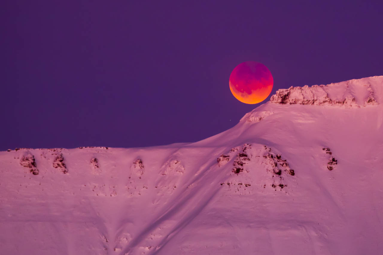 Supermåne og total måneformørkelse sett fra Svalbard onsdag 31. januar. En total måneformørkelse oppstår når sola, jorda og månen er på linje i verdensrommet og månen ligger helt i skyggen fra Jorda. Når supermåne og total måneformørkelse forekommer samtidig kalles fenomenet litt uhøytidelig for supermåneformørkelse. Foto: Heiko Junge / NTB scanpix
