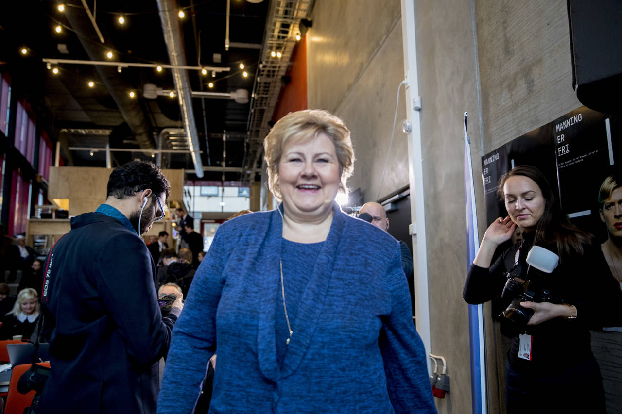 Høyre-leder og statsminister Erna Solberg går inn i landsmøtehelgen med en god meningsmåling i sekken Foto: Vidar Ruud / NTB scanpix